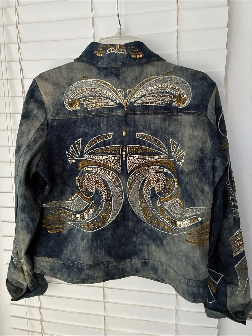 Chico’s SZ 1  Denim Jacket Gold  Jeweled Sequined Embellished Scroll Blue SZ 8